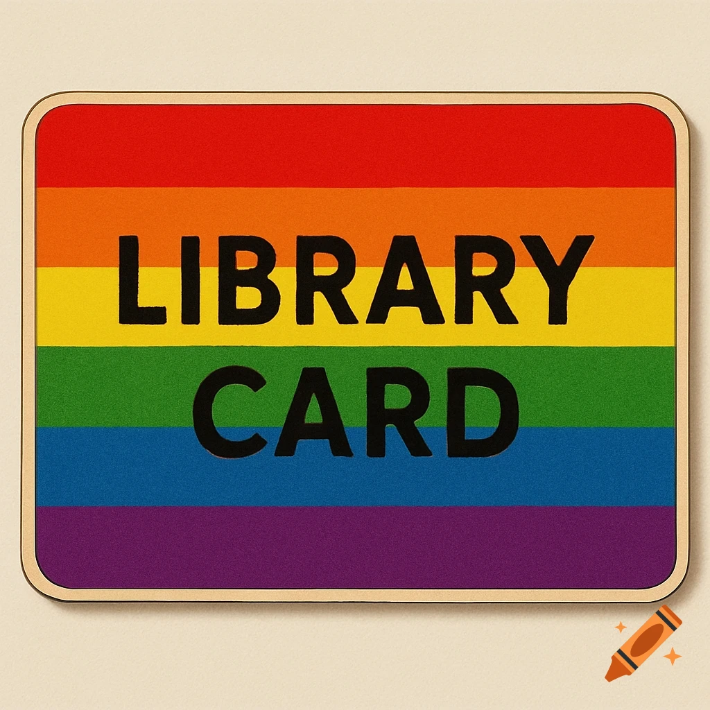 A library card design featuring the rainbow pride flag with the text 'LIBRARY CARD'.