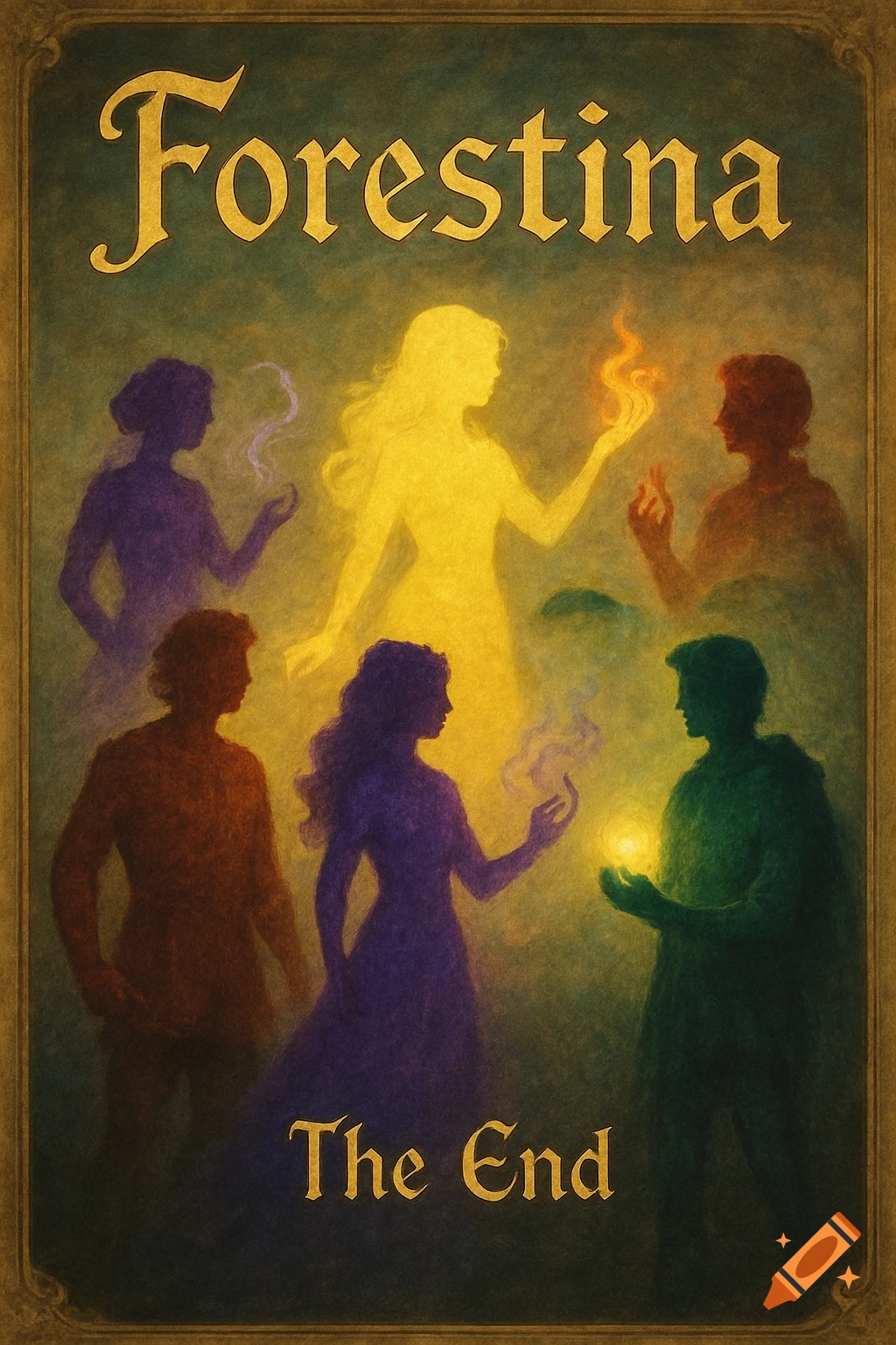 A painting of five magical silhouettes: golden, red, violet, emerald, and red, with the text 'Forestina, The End'.