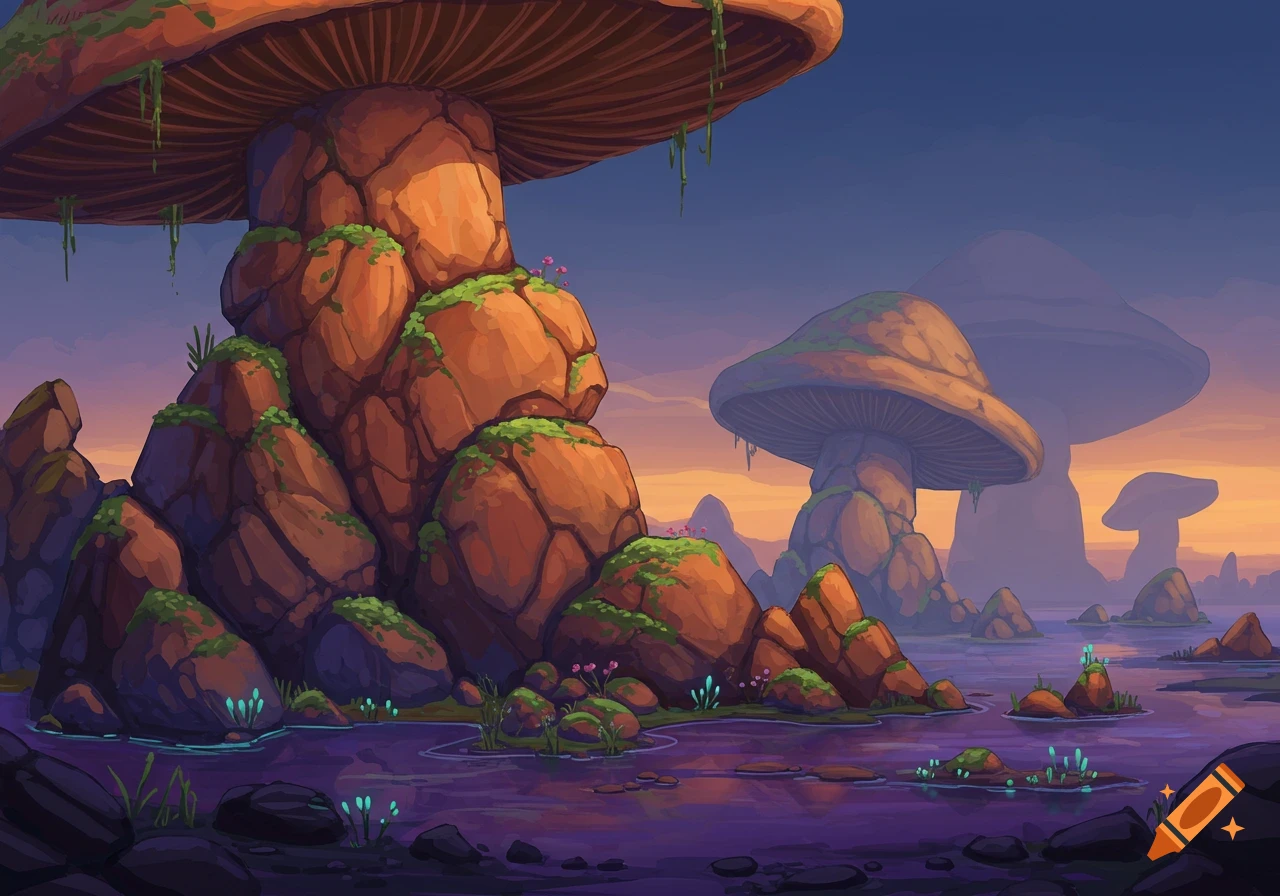 Fantasy landscape with giant mushroom-shaped rocks at sunset.