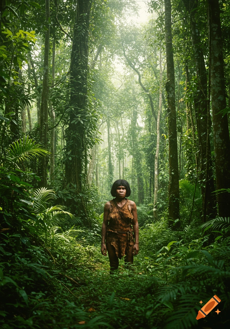 Person resembling Homo Erectus stands in a lush, dense jungle.