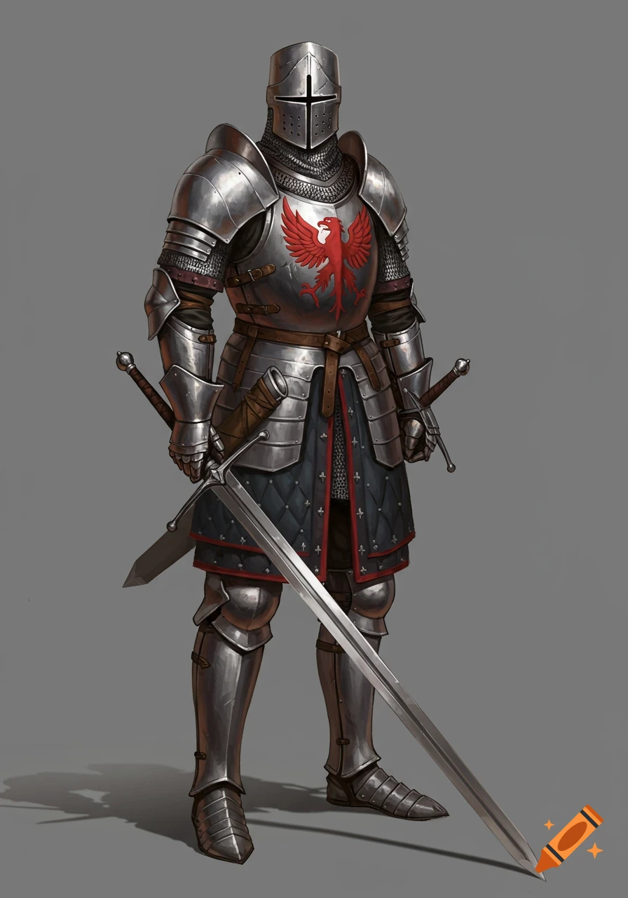 Full-body digital painting of a fantasy knight in shining plate armor holding a large sword, with a red eagle emblem on his chest.