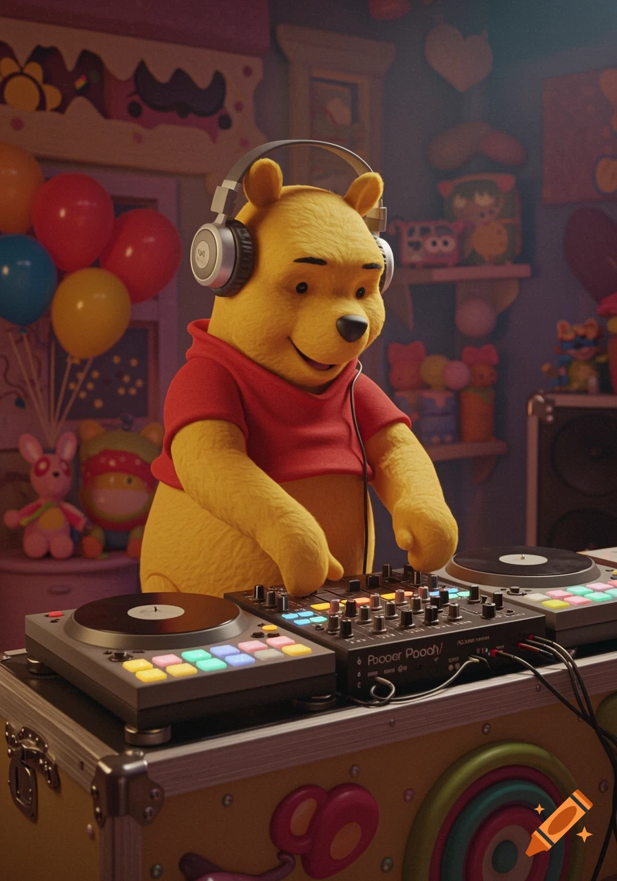 Winnie the Pooh wearing headphones and DJing on turntables in a room with balloons.