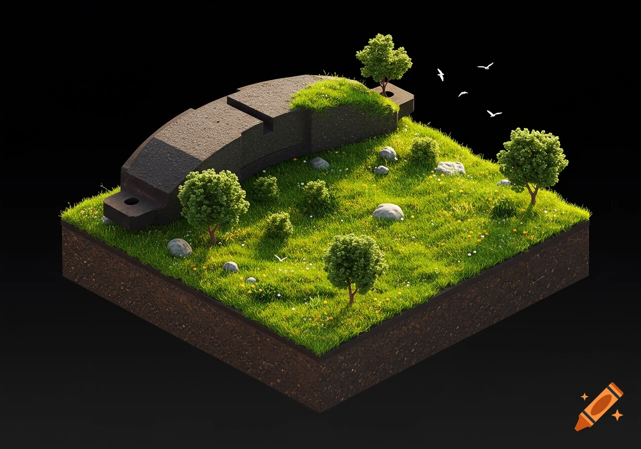 Isometric 3D render of a lush landscape on a car brake pad.