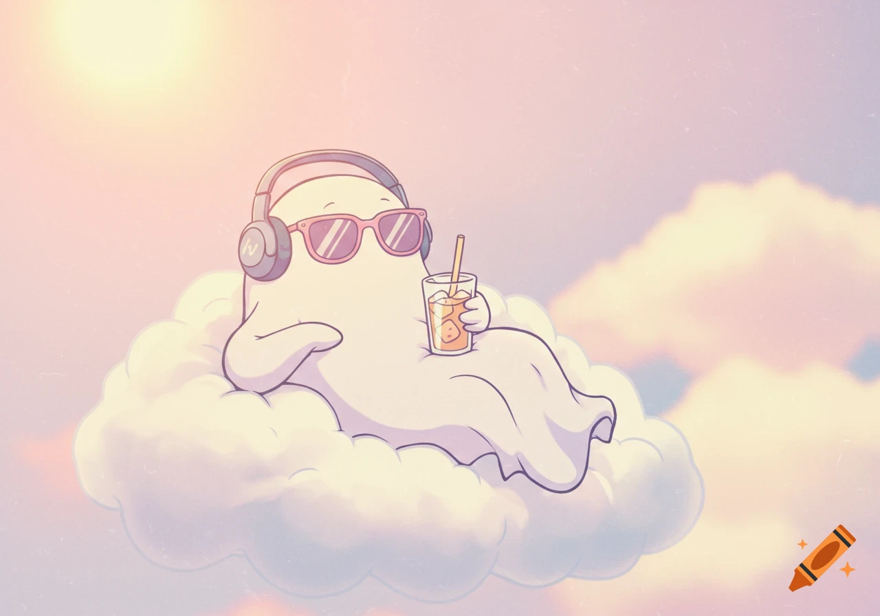 A cartoon ghost with sunglasses and headphones lounges on a cloud, holding a drink, in a pastel style.