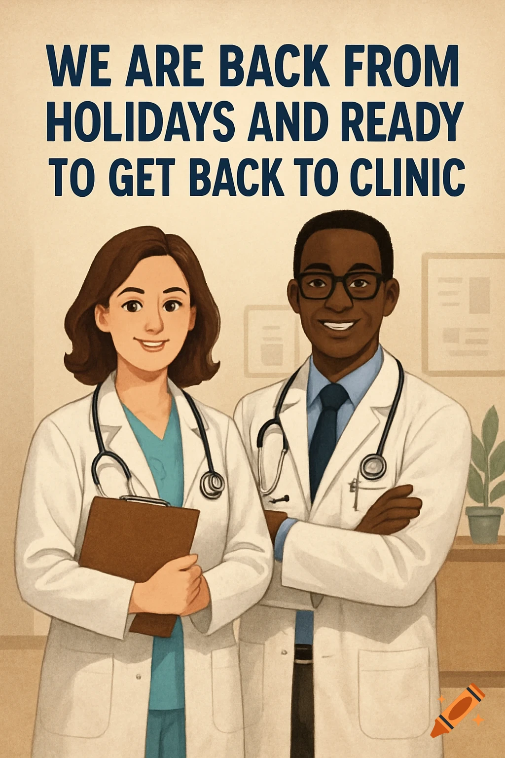 Illustration of two doctors in a clinic hallway with text announcing return to clinic.