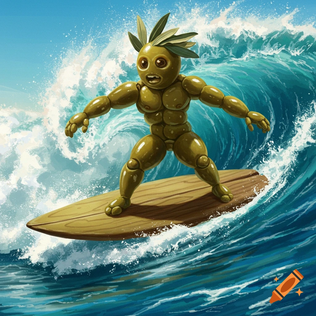 A cartoonish olive creature with muscles surfs a large wave.
