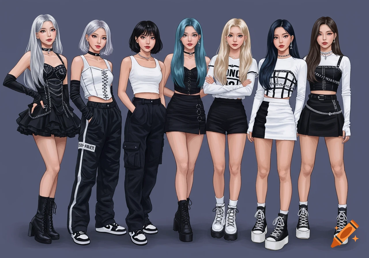 Illustration of a diverse group of seven young women in k-pop fashion outfits.