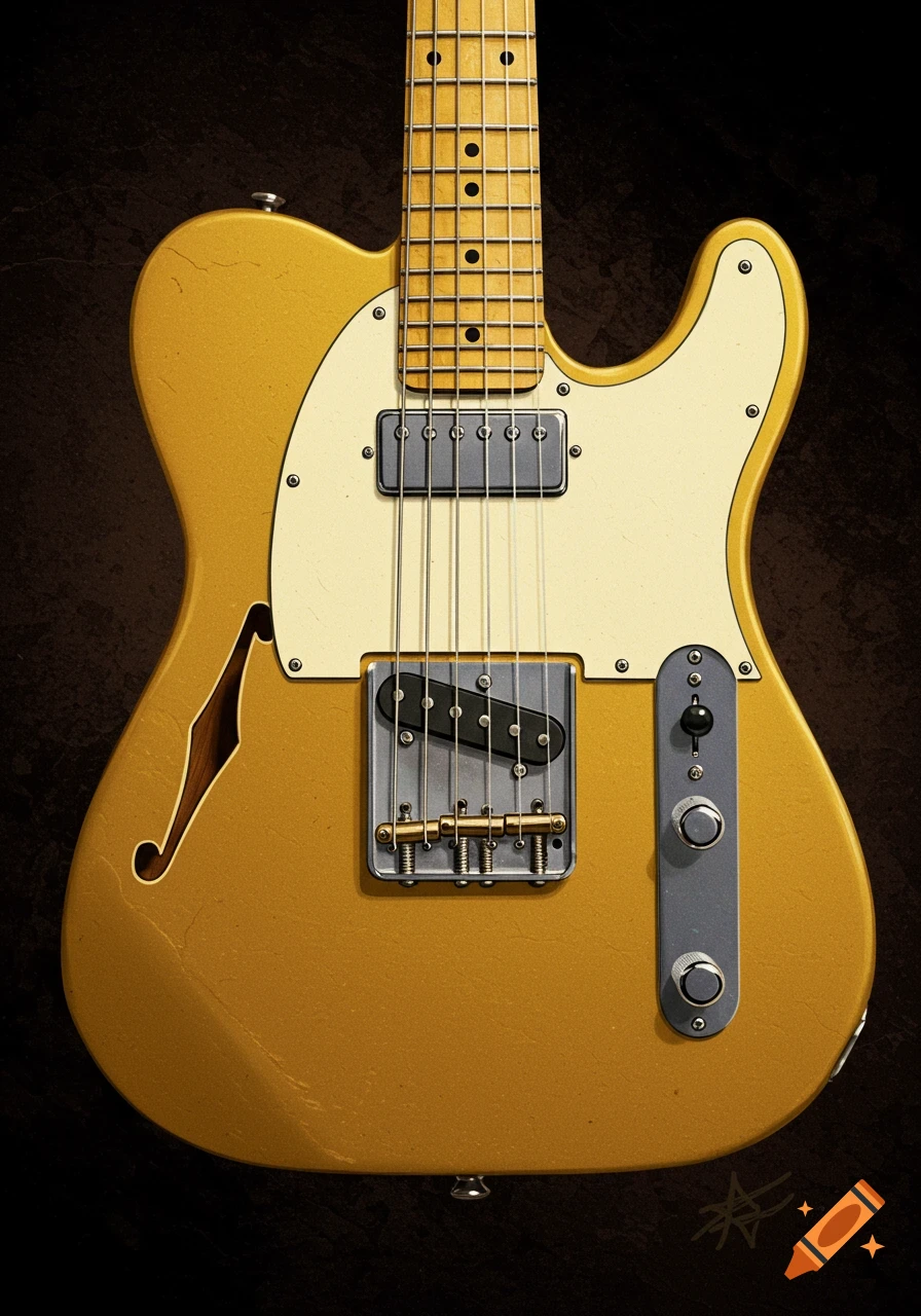 Close-up of a gold electric guitar with f-hole