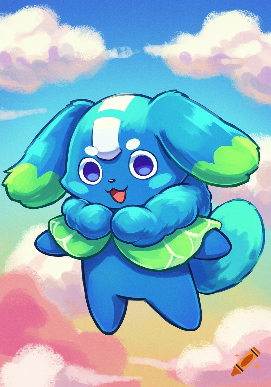 Cartoon illustration of a cute blue creature with big floppy ears and a green leaf ruff floating in a cloudy sky.