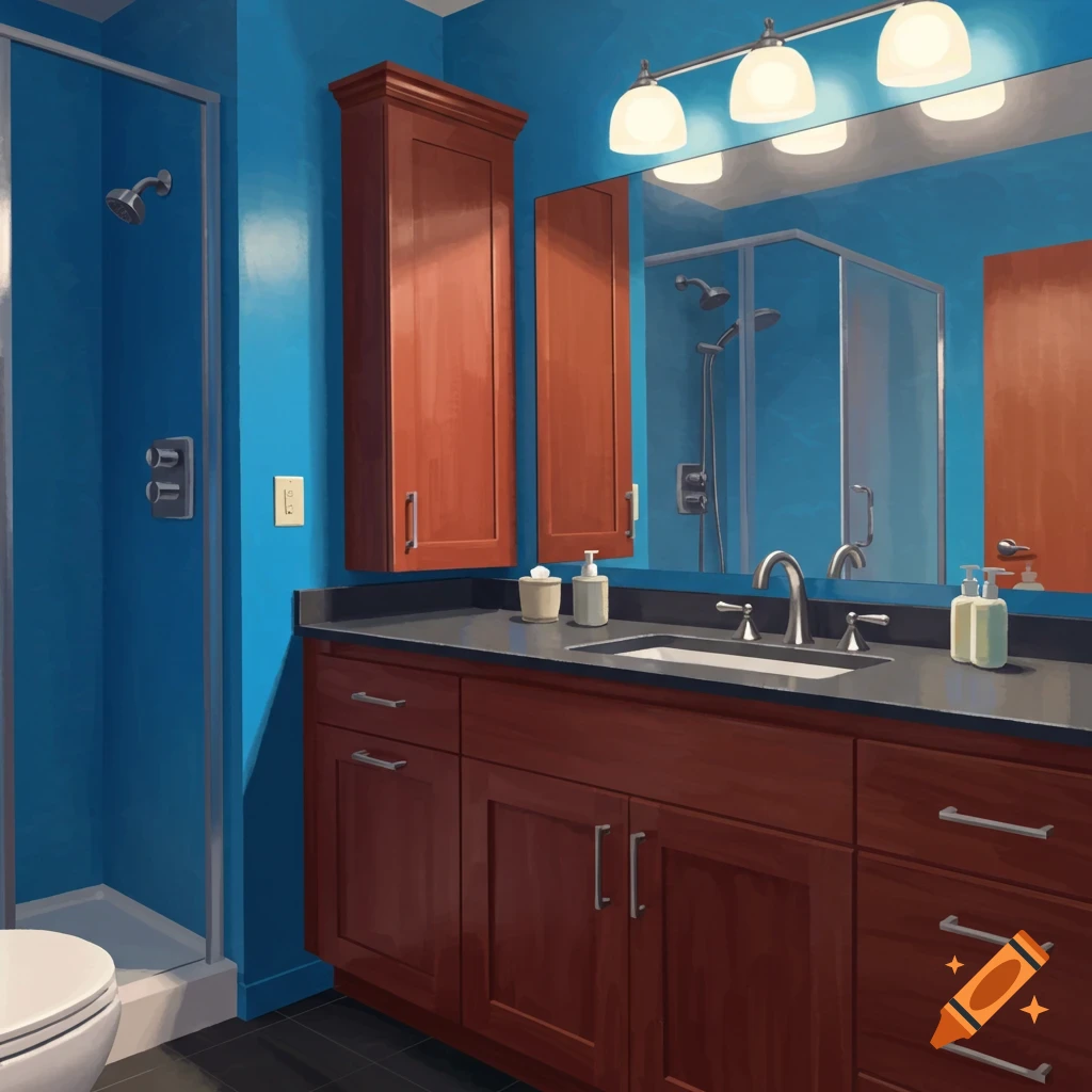 Bathroom with blue walls, cherry cabinets, and sink.