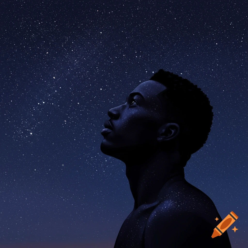 Side profile illustration of a man looking up at a starry night sky