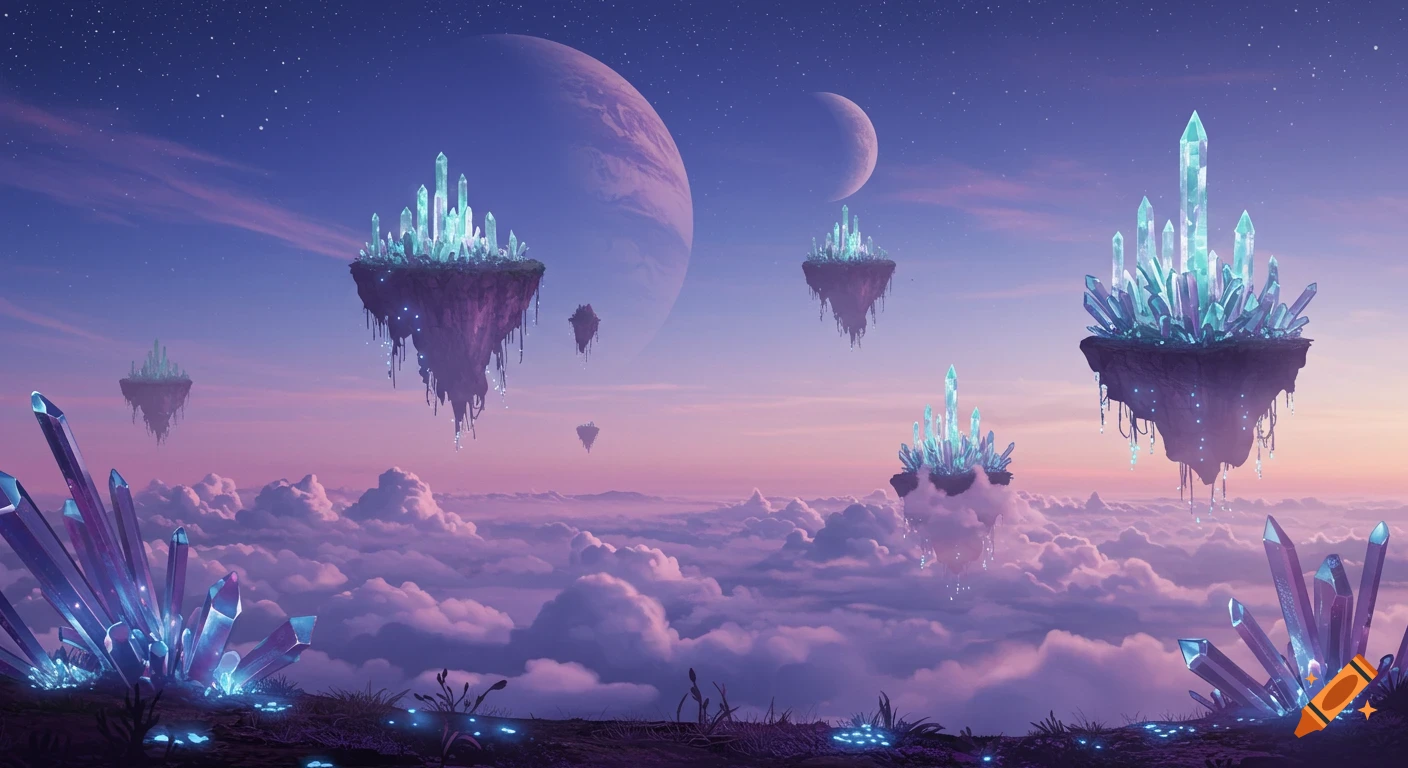 Dreamy landscape with floating crystal islands above misty clouds, under a purple-blue sky with twin moons and stars.