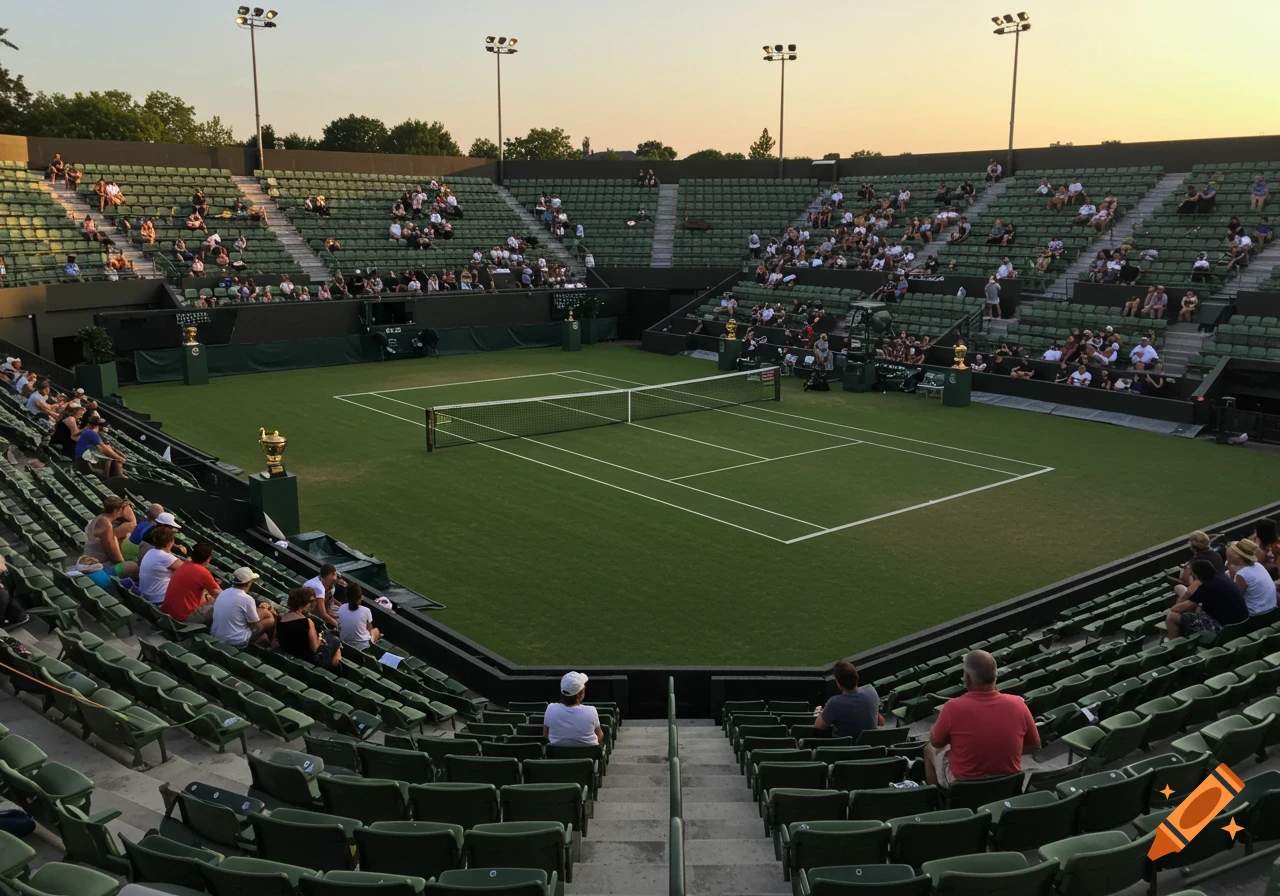 A view of a tennis stadium with spectators in the stands and a court in the center.
