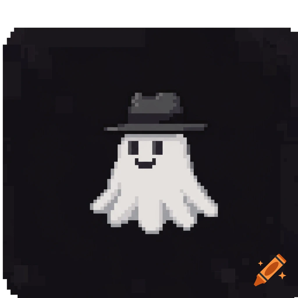 A pixelated ghost wearing a fedora on a dark background.