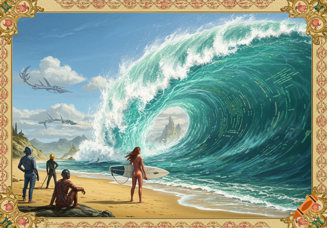 Baroque painting of woman with surfboard watching a wave of computer code on a futuristic beach with ships and onlookers.