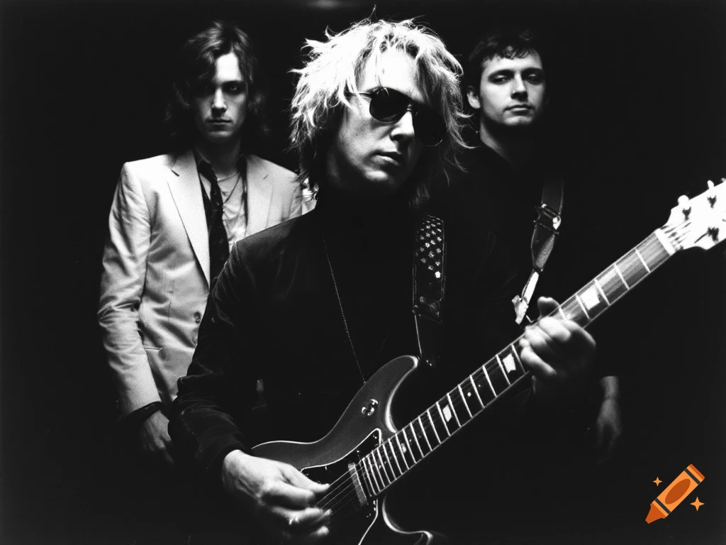 Black and white photo of three musicians, one playing a guitar