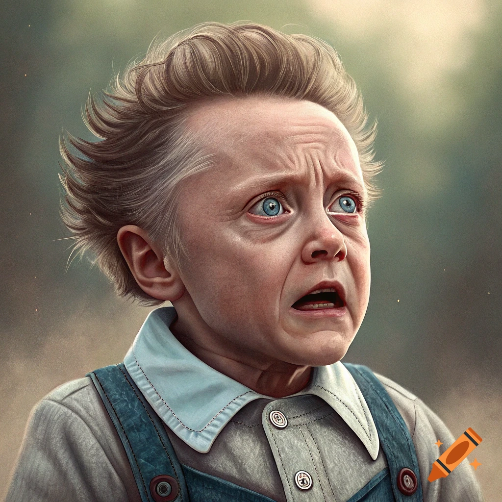 Close-up portrait of a distressed child with adult features and blue eyes.