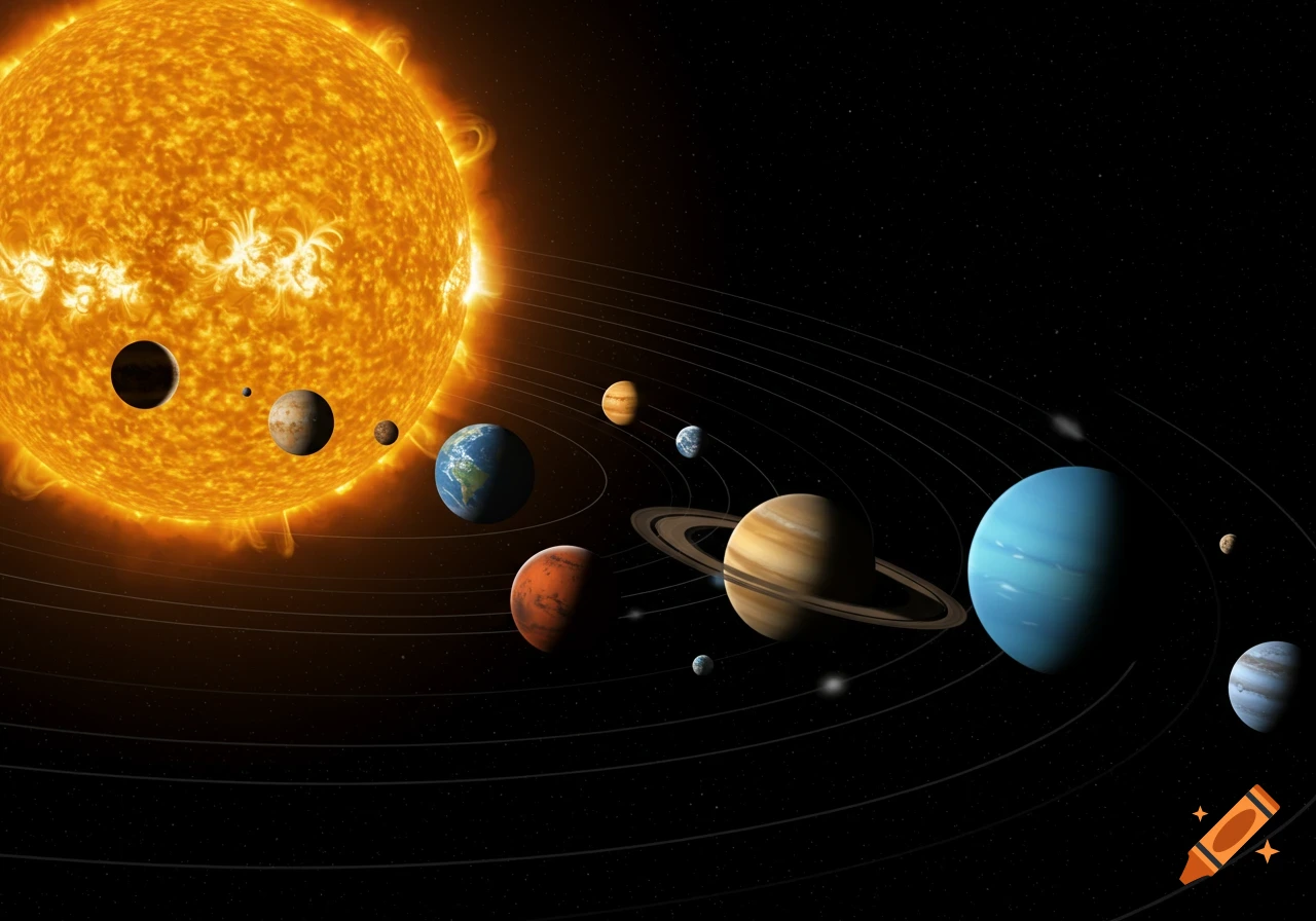The sun and planets of the solar system orbiting in space.