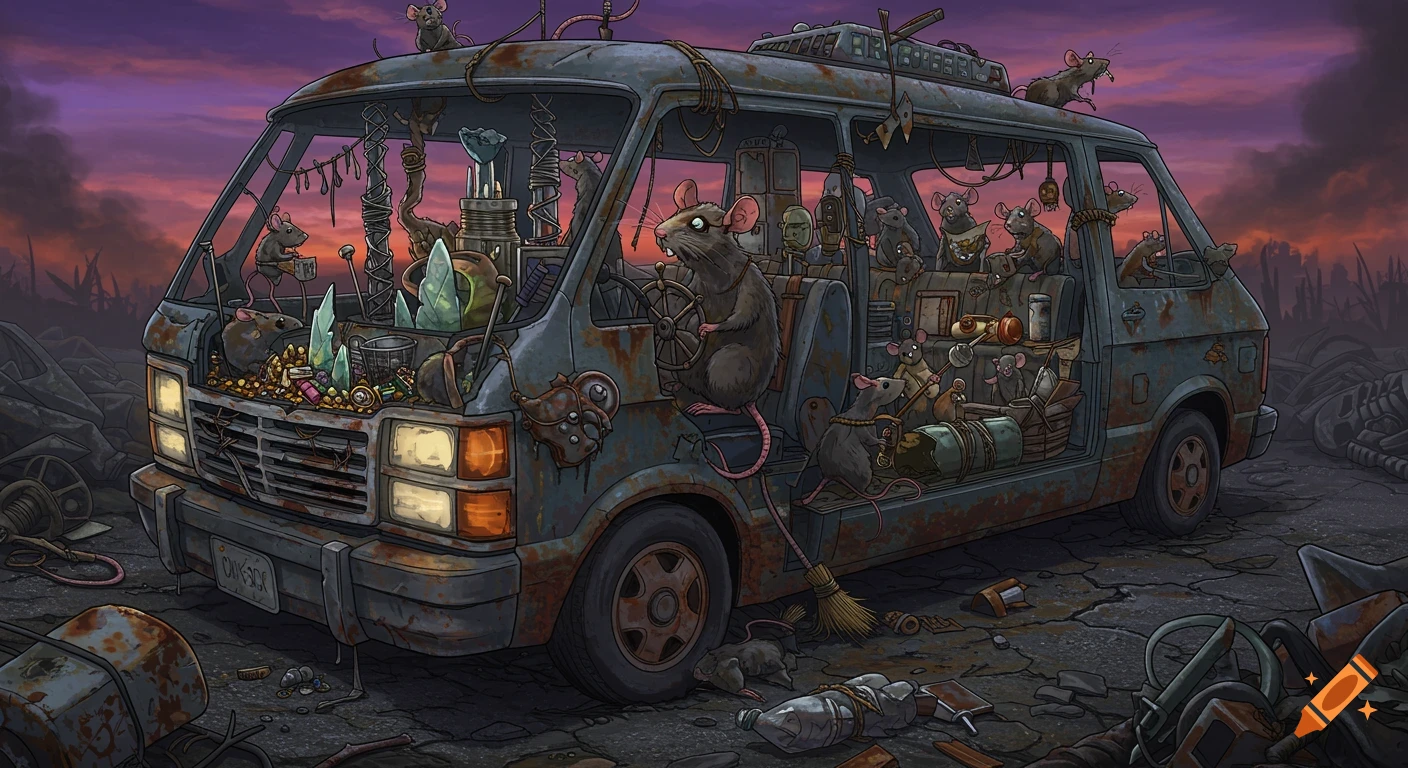 Illustration of rats in a rusty van filled with junk in a post-apocalyptic scene at sunset.