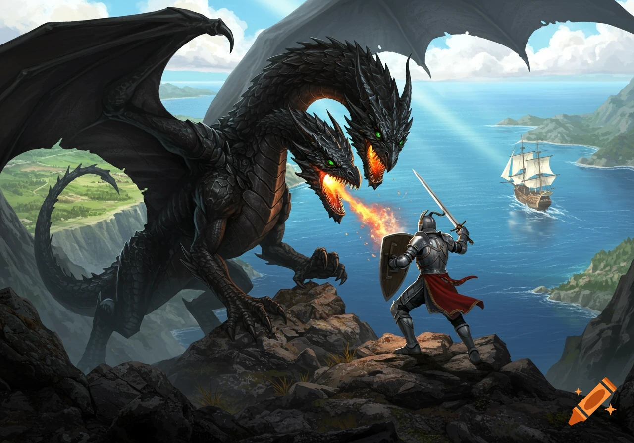 A two-headed black dragon breathes fire at a knight on a cliff overlooking the sea with a sailing ship.
