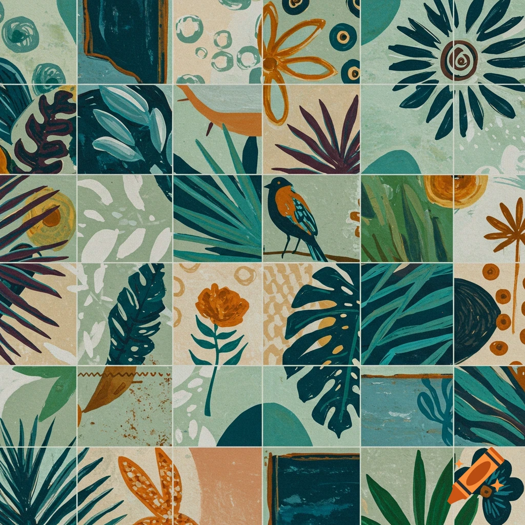 Abstract mosaic pattern with tropical leaves, flowers, and a bird.
