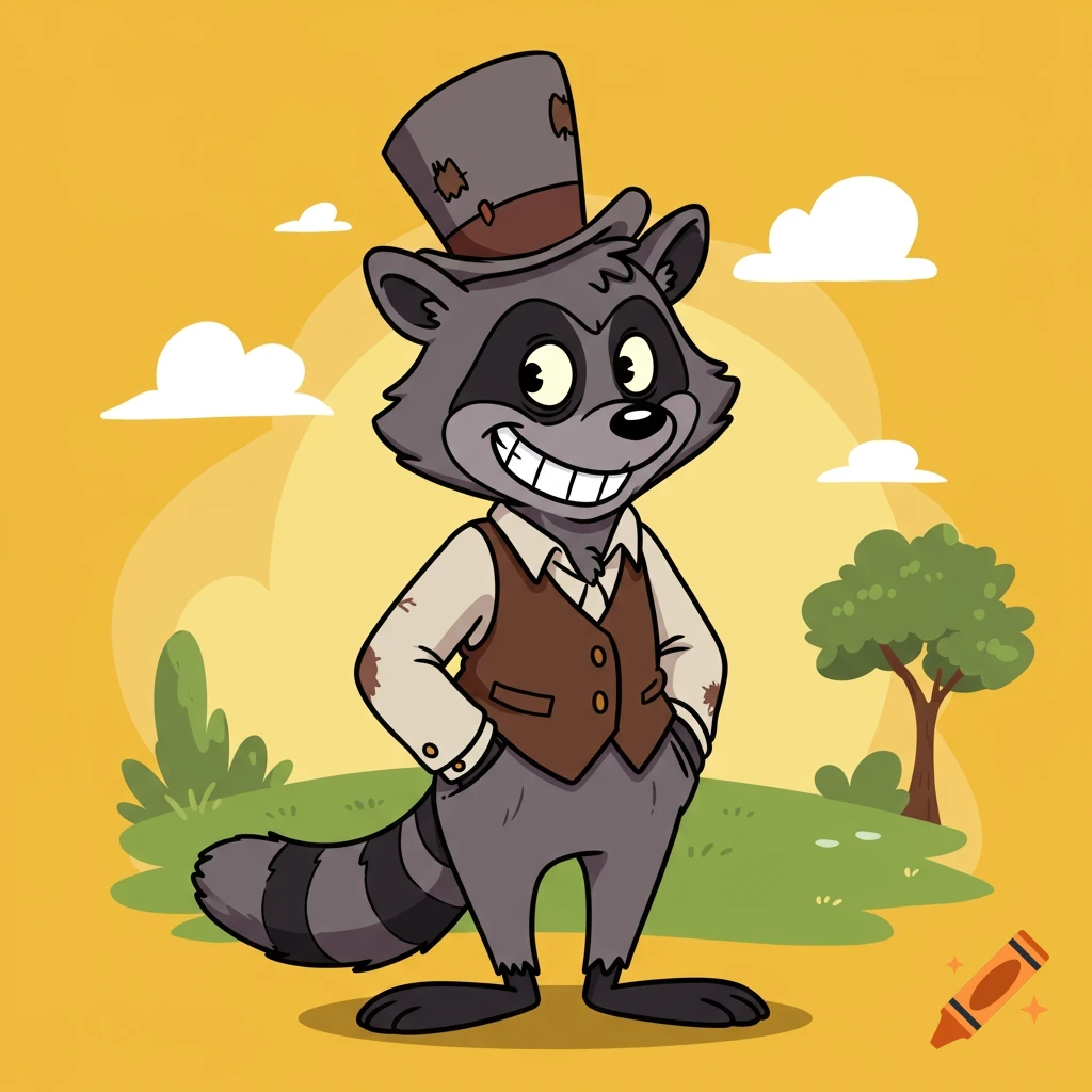 Cartoon raccoon in a top hat, shirt, and vest standing in a field.