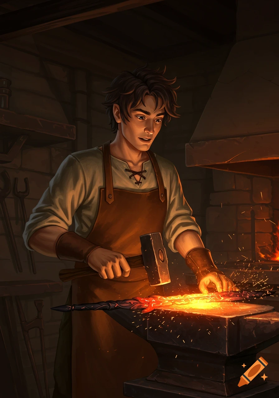 An illustration of a young man blacksmith forging glowing metal on an anvil in a workshop with sparks.