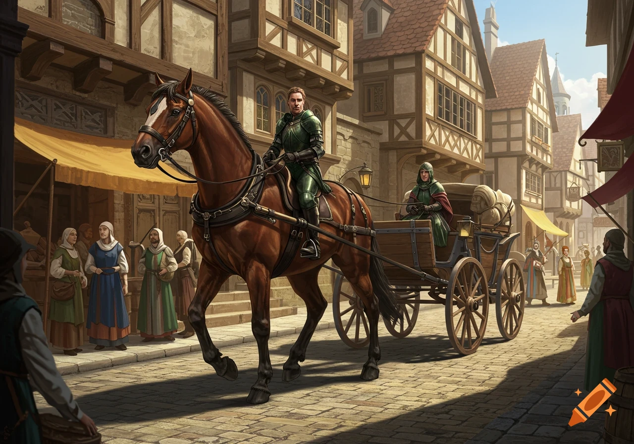 A rider in green armor on a brown horse pulling a carriage through a medieval town street.
