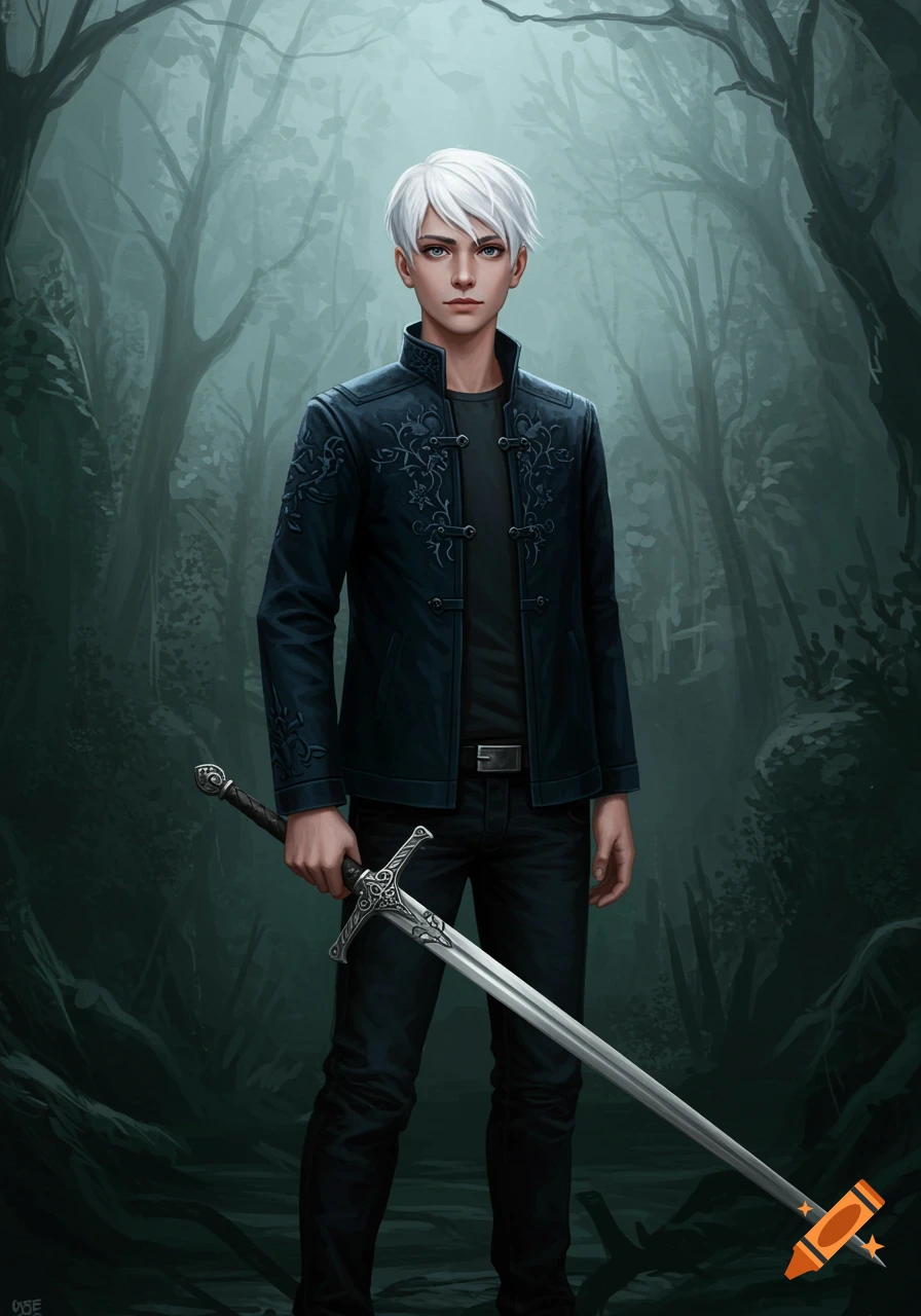 A teenage boy with white hair holds a medieval sword in a forest.