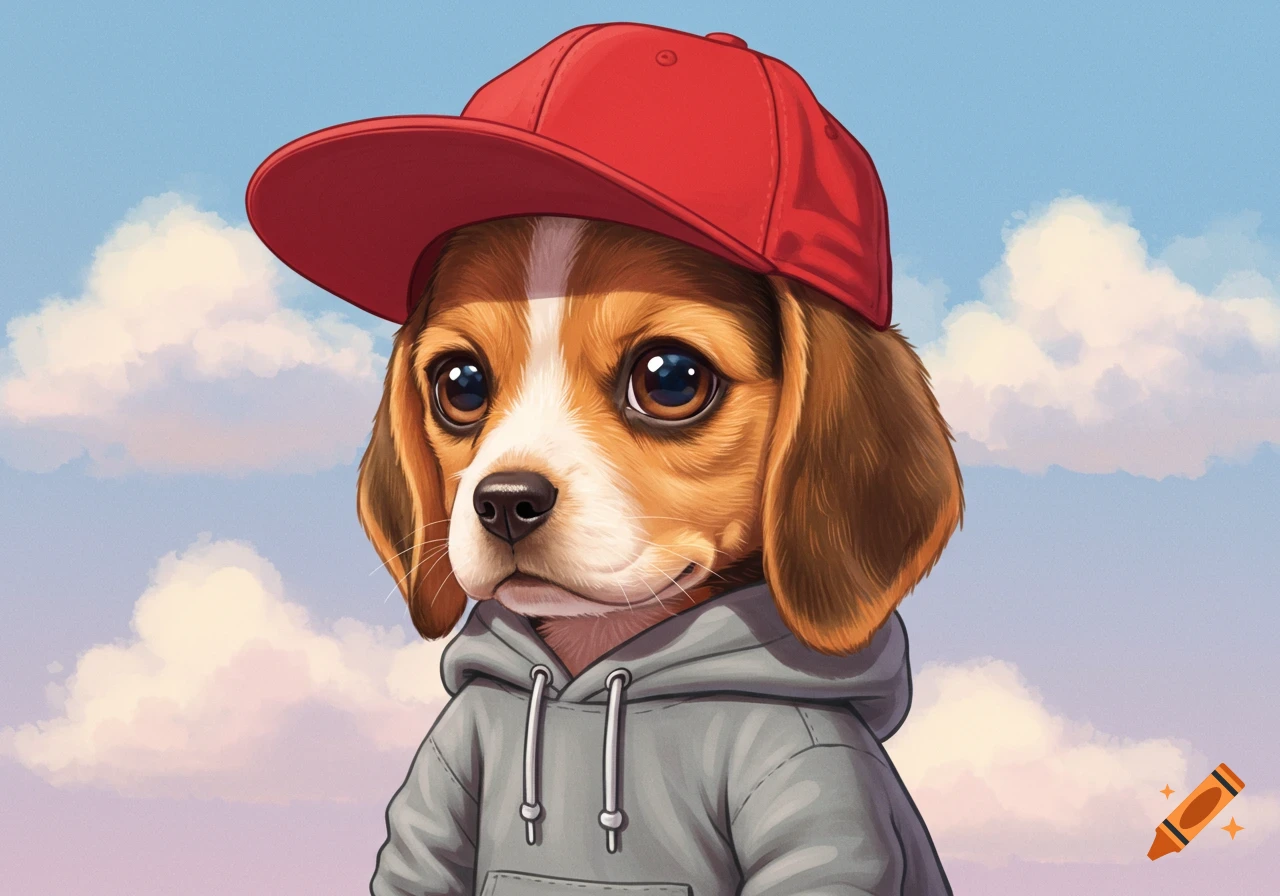 A cute beagle puppy wearing a red baseball cap and grey hoodie against a cloudy sky.