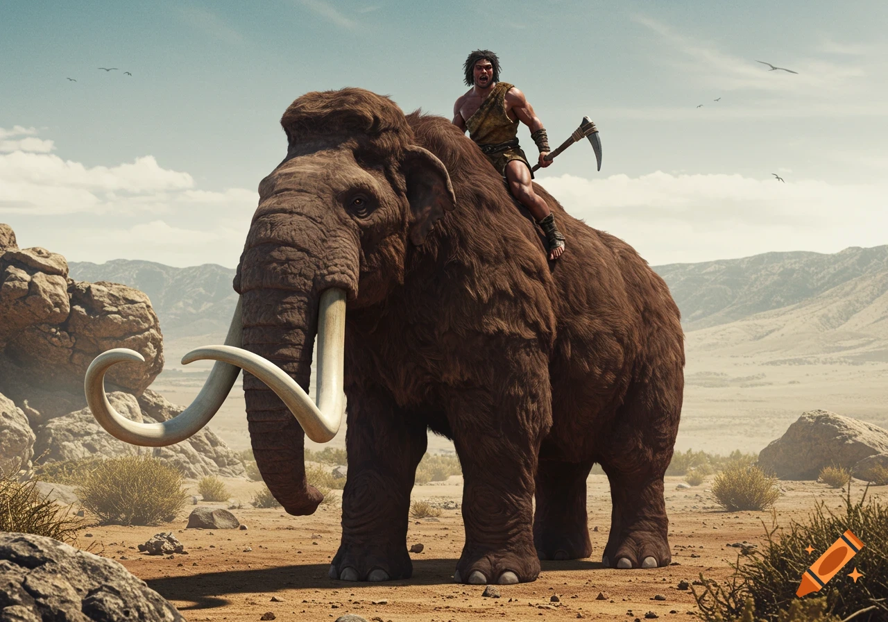 Realistic caveman riding a mammoth through a desert landscape.