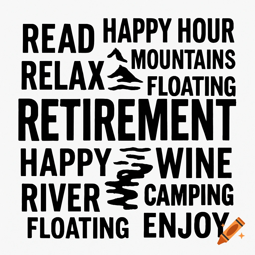 Black and white graphic featuring words related to retirement like READ, RELAX, RETIREMENT, HAPPY, and more, with abstract shapes.