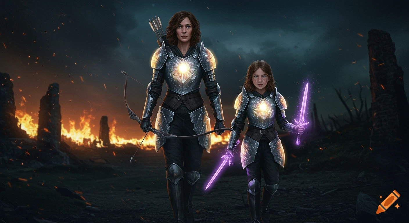 A mother and daughter in glowing armor stand ready with a bow and sword in a ruined, fiery landscape.