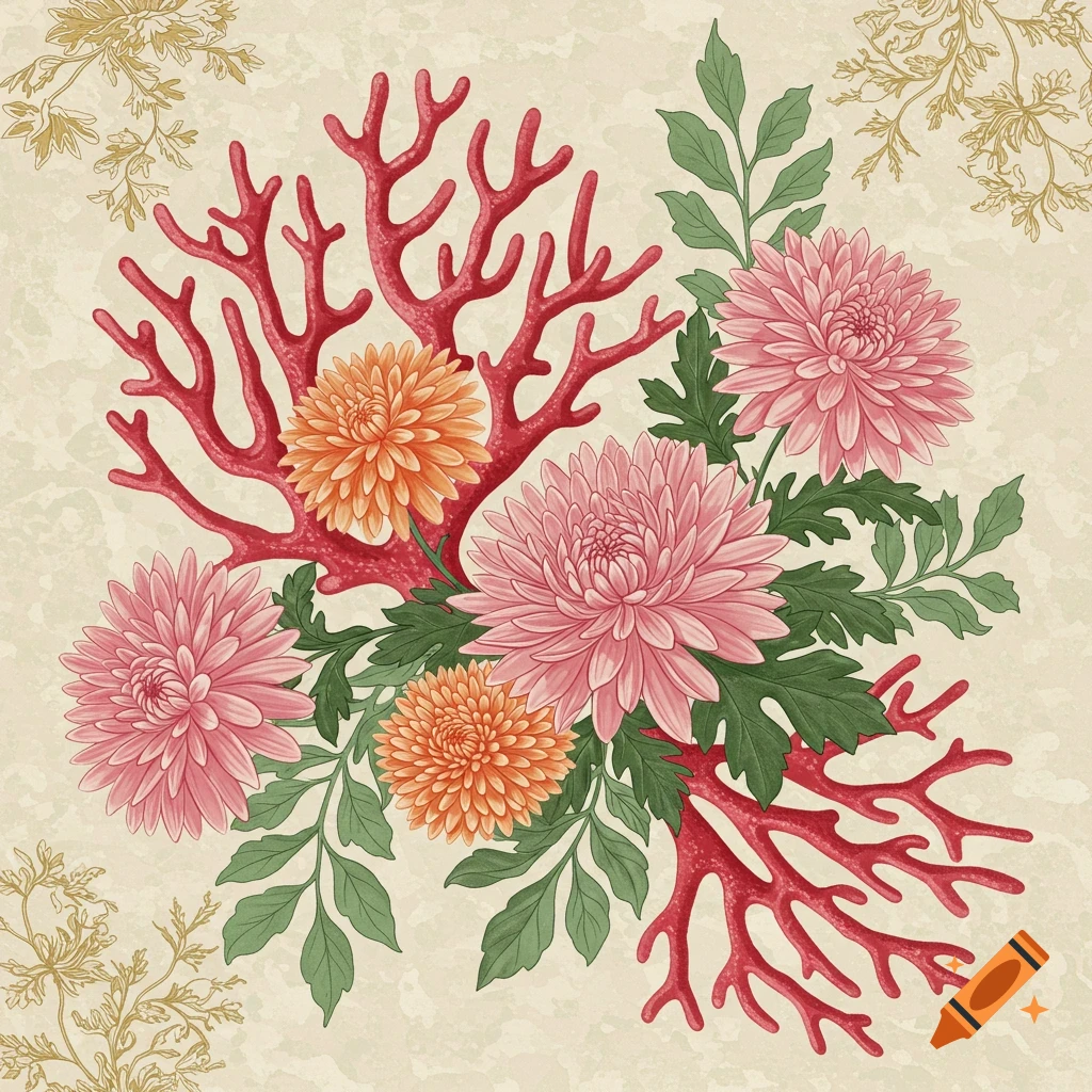 Decorative illustration of red coral branches surrounded by pink and orange chrysanthemum flowers and green leaves on a textured background.