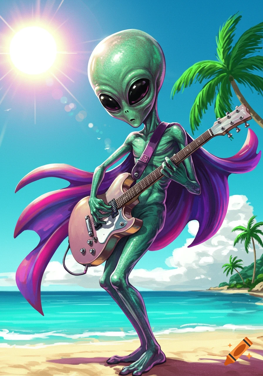 A green alien with large eyes wears a purple cape and plays an electric guitar on a sunny beach.