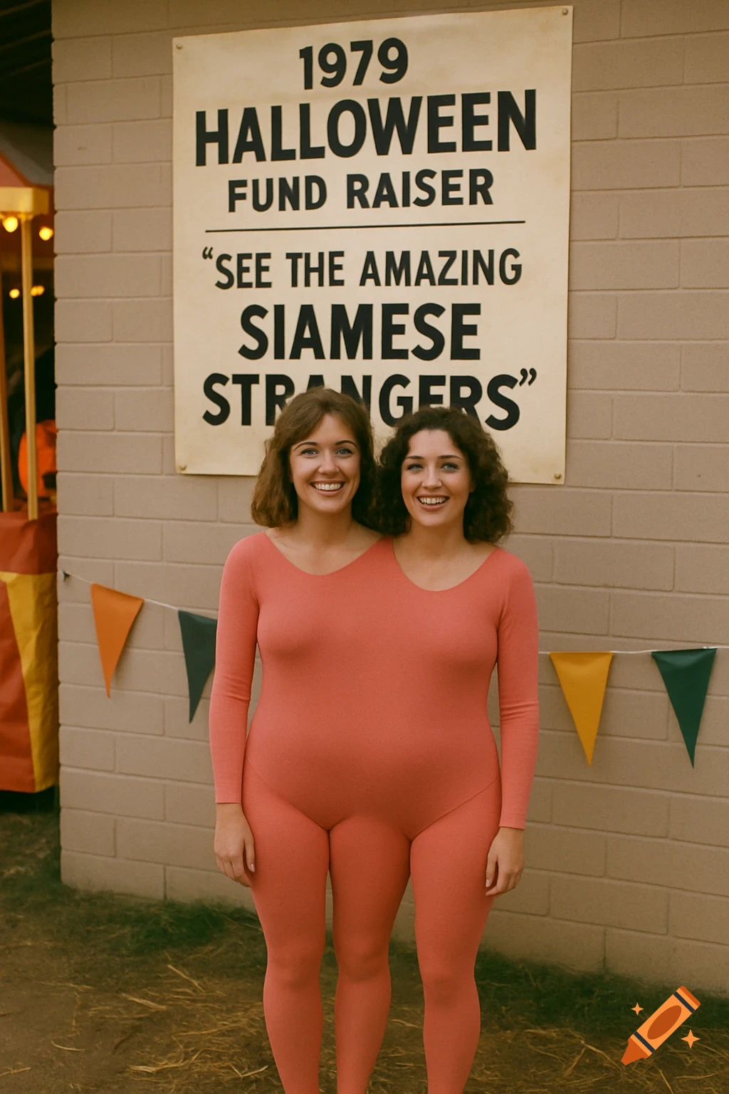 Two women in a conjoined costume stand in front of a sign advertising 'See the Amazing Siamese Strangers' at a carnival.