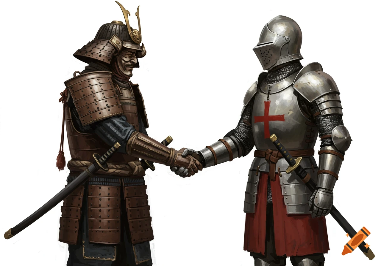 A samurai and a knight in armor shaking hands in a realistic illustration.