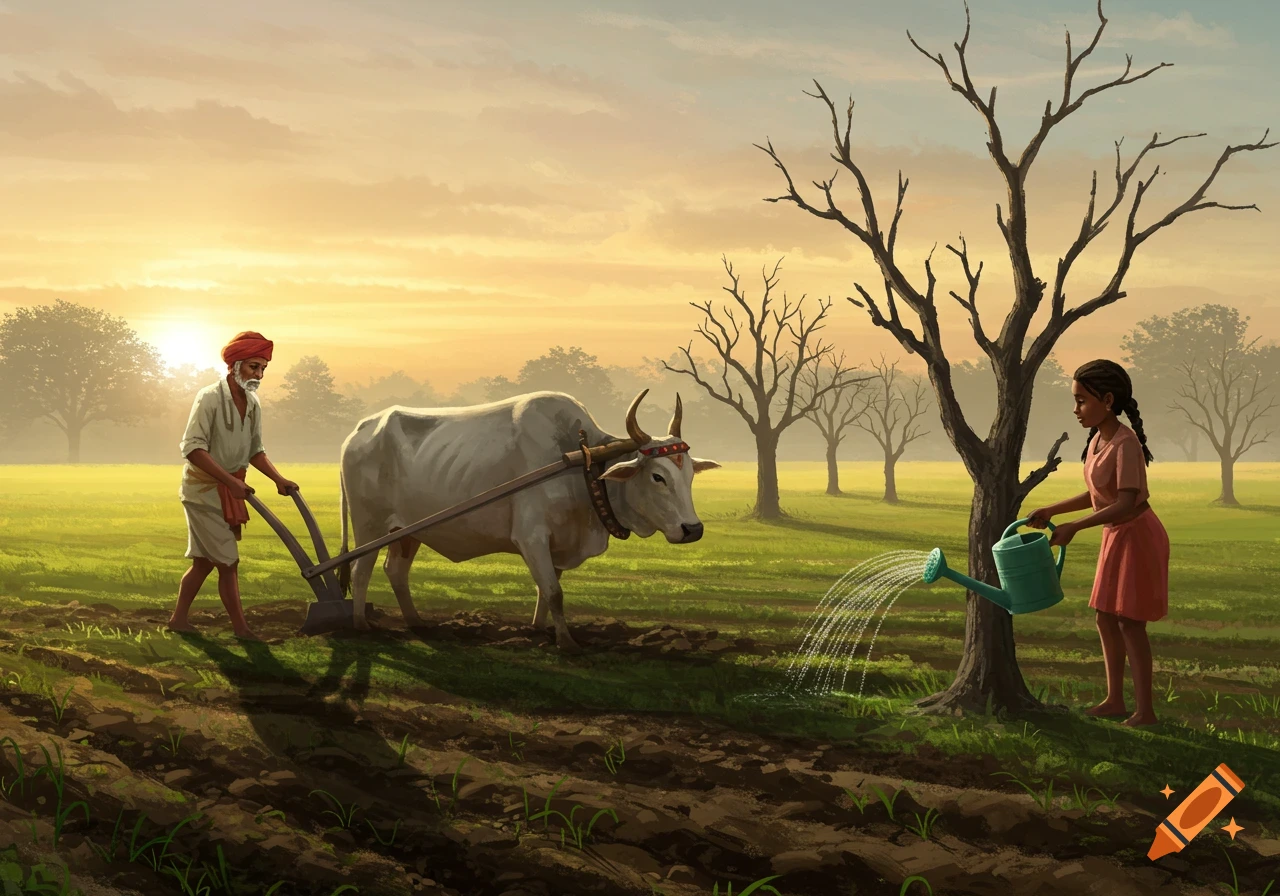 A farmer and an ox plow a field at sunset while a person waters a dry tree.