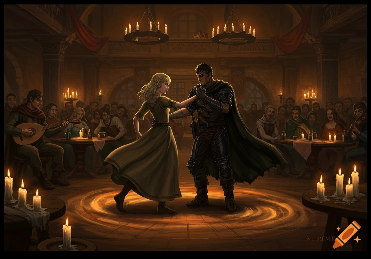 Fantasy illustration of two characters dancing in a candlelit tavern.