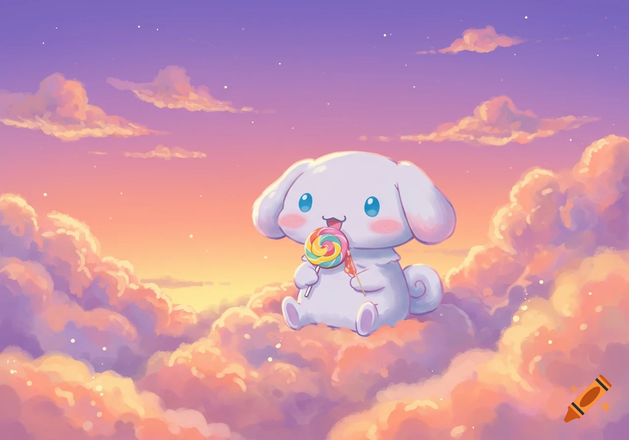 Cute white cartoon character eating a lollipop on colorful sunset clouds.