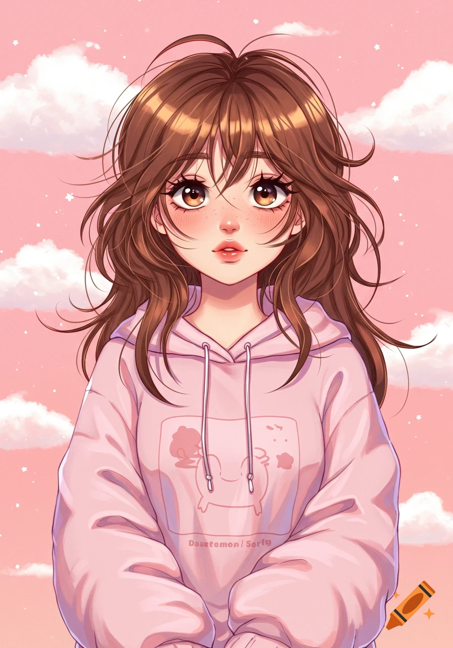 Anime girl portrait in a pink hoodie against a pink sky with clouds and ...