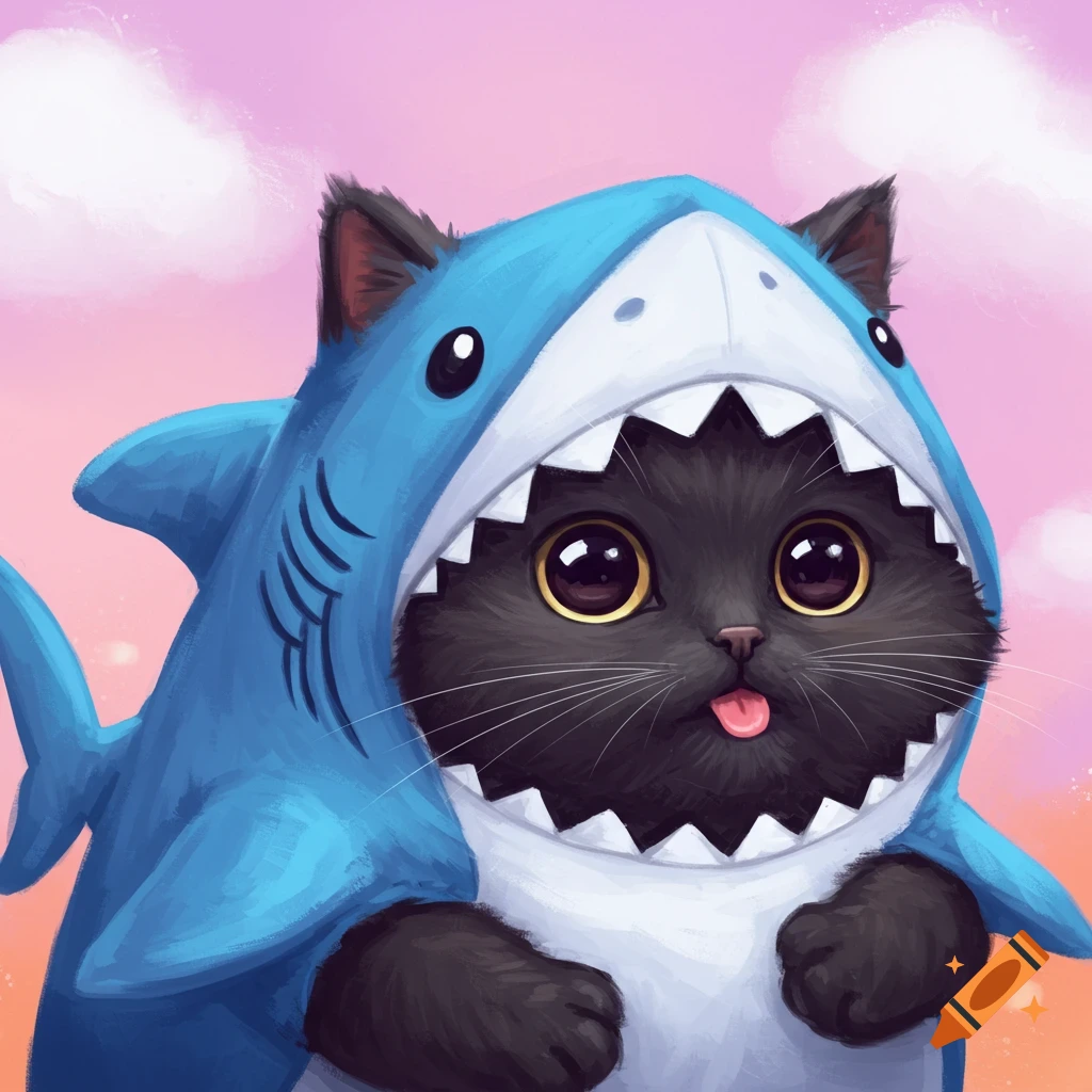 Chubby black cat wearing a blue shark costume sticks out its tongue against a pink and orange sky.