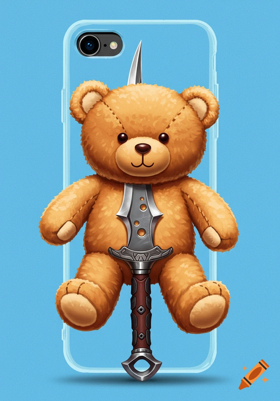 Illustration of a teddy bear impaled by a large fantasy sword, for a phone case design.