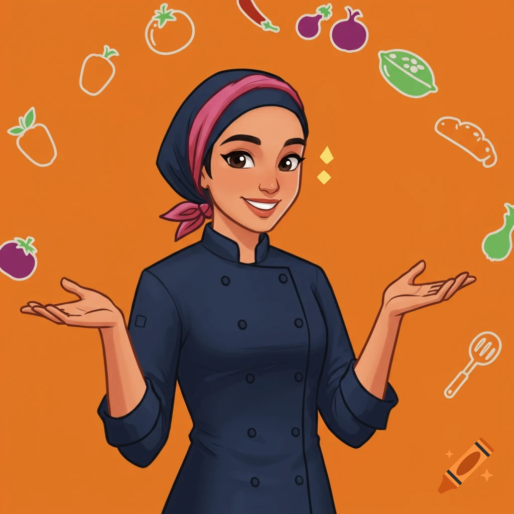 Cartoon female chef in a headscarf and dark blue coat, smiling with vegetables and tools floating around her on an orange background.