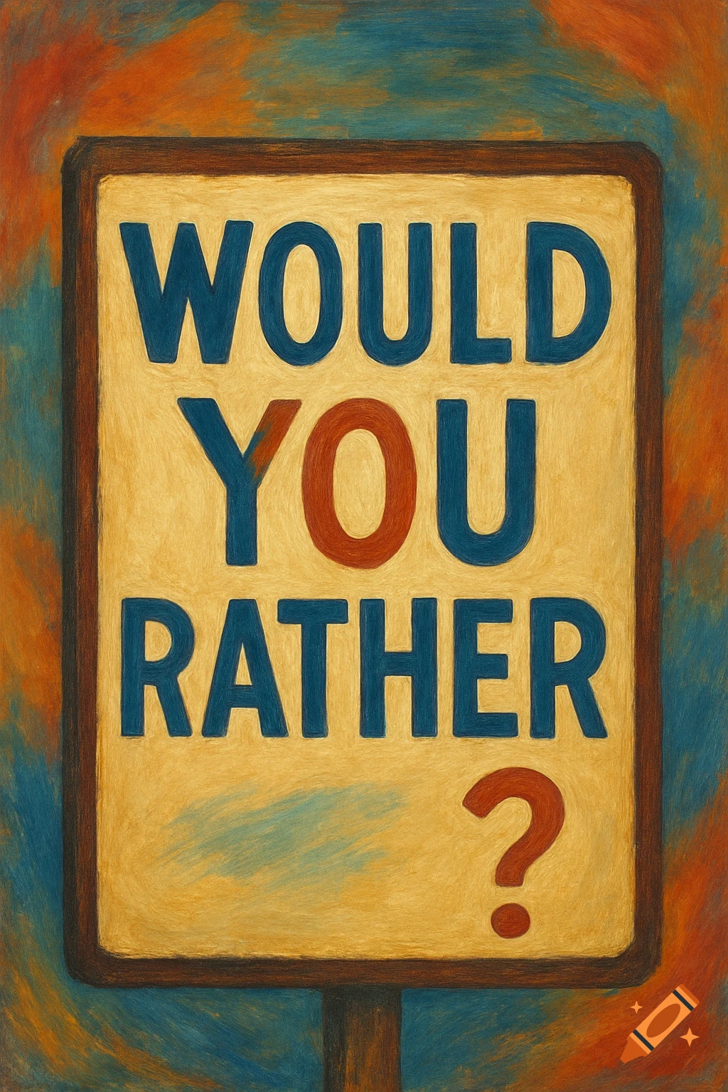 A painted sign reads 'WOULD YOU RATHER?' against a textured background.