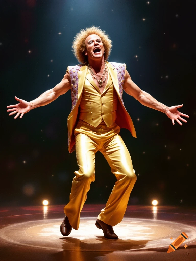 A man in a shiny gold suit and afro stands on a stage with arms outstretched, singing.