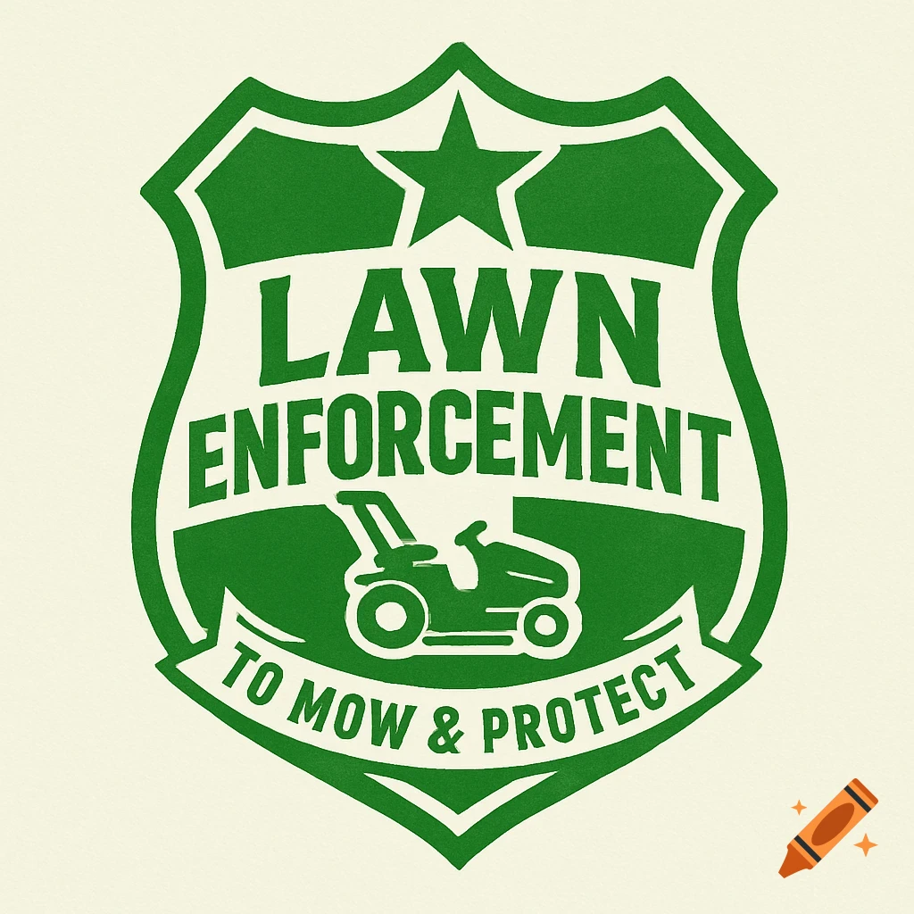 Green badge logo with 'Lawn Enforcement' and 'To mow & protect' text, plus a lawn mower icon.