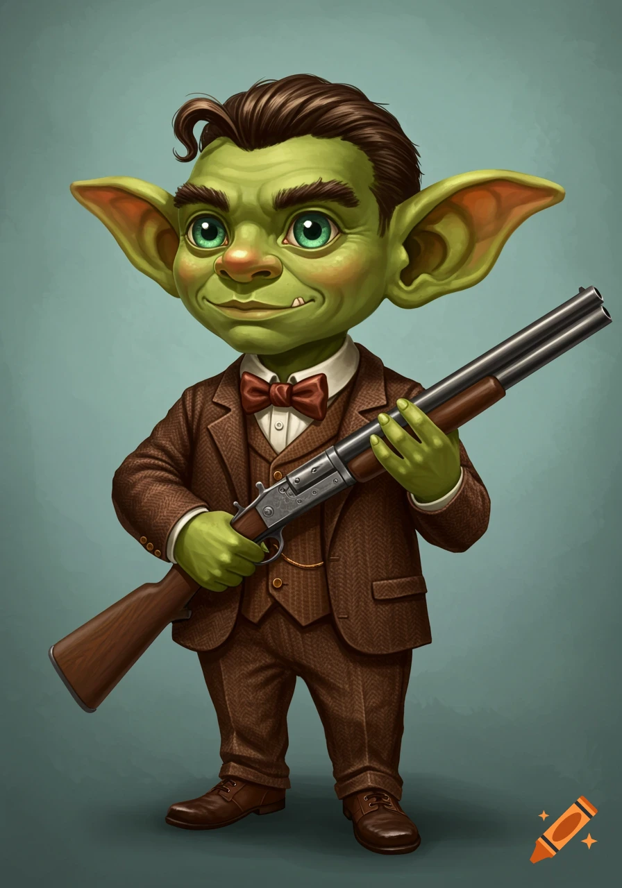 Illustration of a small green goblin in a brown tweed suit and bowtie holding a shotgun