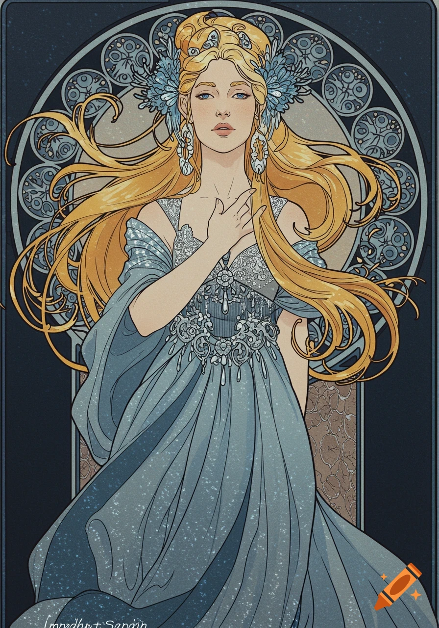 Art Nouveau illustration of a woman with long blonde hair in a blue dress.