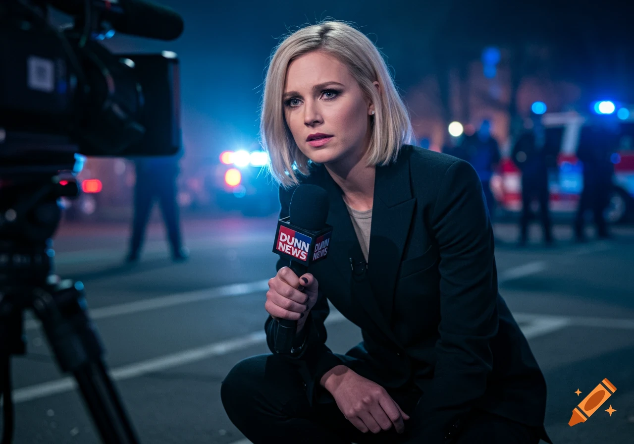 Female news reporter kneels on a street at night, holding a microphone with a DUNN NEWS logo, police lights in background